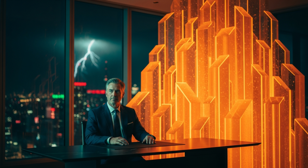 A man in a suit sits at a desk in a high-rise office at night, next to a glowing orange geometric sculpture.