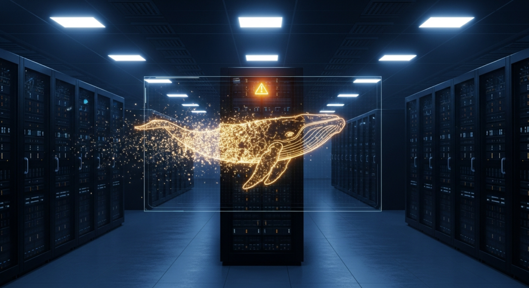 A glowing orange digital whale made of light particles floats between rows of server racks in a dark data center.