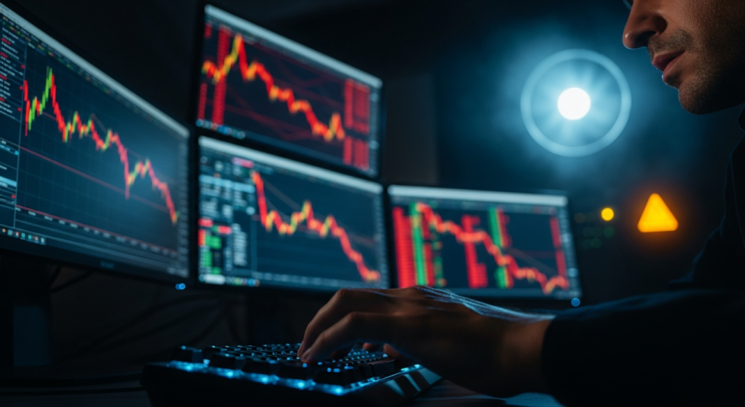 A person analyzing financial trading charts on multiple monitors in a dark room.
