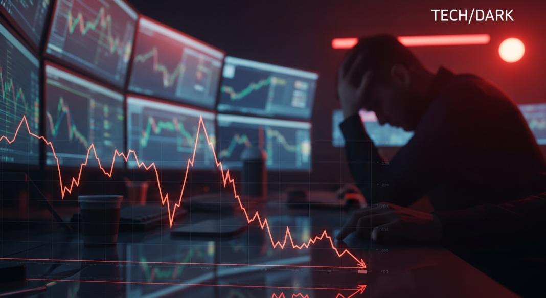 file-22.png-22 Distressed person sitting in front of multiple computer monitors displaying falling stock market charts.