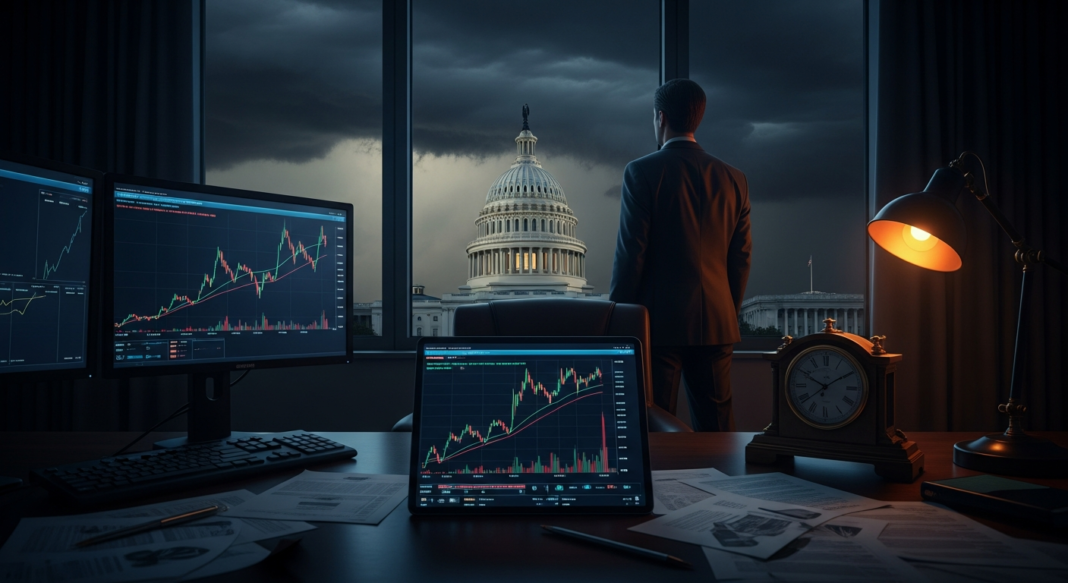 A man in a suit looks out an office window at the U.S. Capitol dome under a stormy sky near stock market screens.