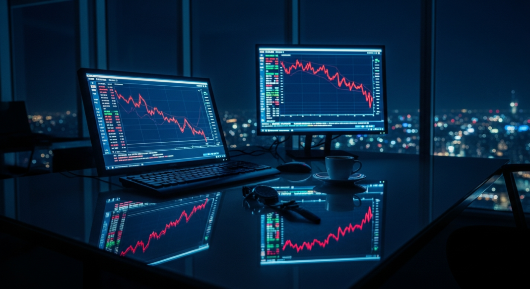 Two computer screens displaying red stock market charts on a desk in a dark office overlooking a city at night.