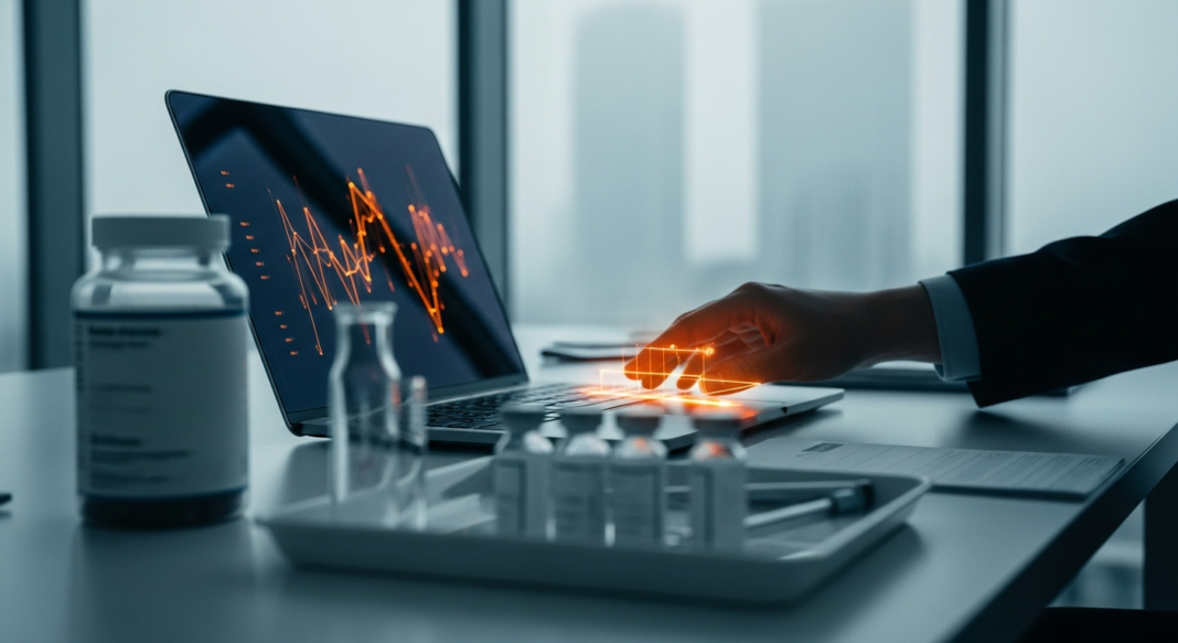 Hand interacting with glowing orange data on a laptop keyboard next to medical vials in a modern office.