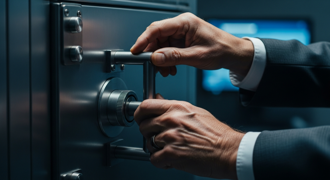 Close-up of hands in a business suit turning the handle of a large, secure metal safe.