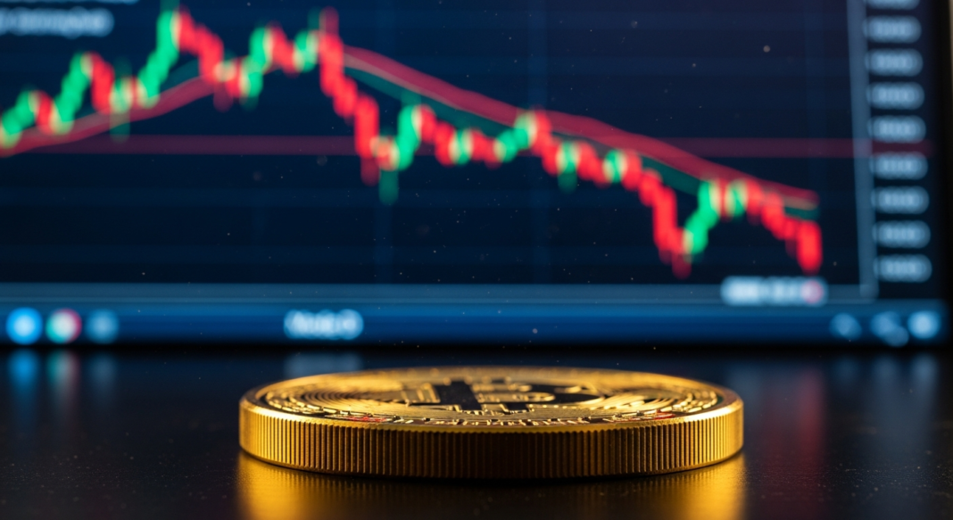 Physical gold Bitcoin coin in focus on a dark surface with a blurred red and green trading chart in the background.