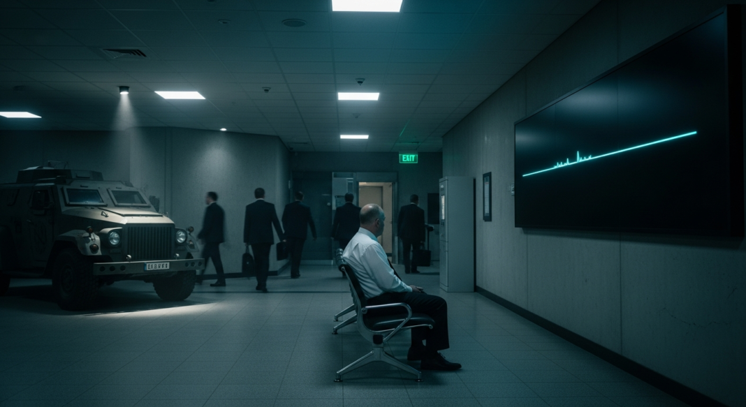 A man sits on a bench in a dim hallway next to an armored vehicle, watching a digital monitor with a blue signal line.