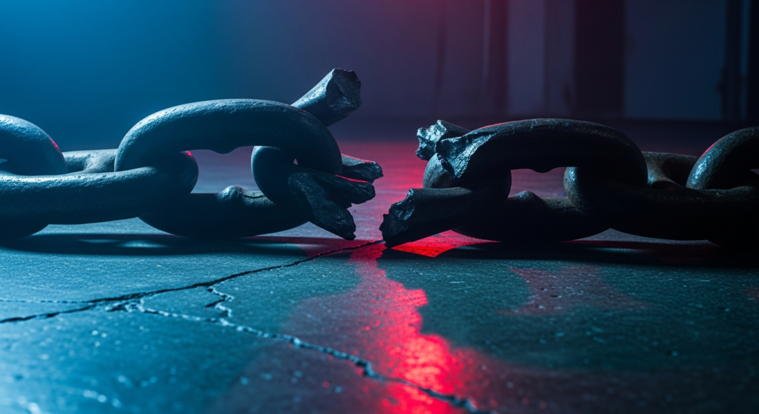 Close-up of a thick metal chain broken apart on a cracked floor with cinematic blue and red lighting.