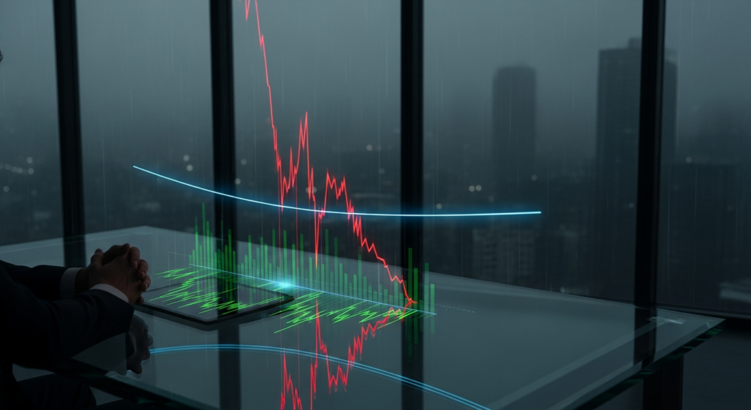 Digital stock chart showing a sharp red decline projected over a glass desk in a dark, high-rise office.