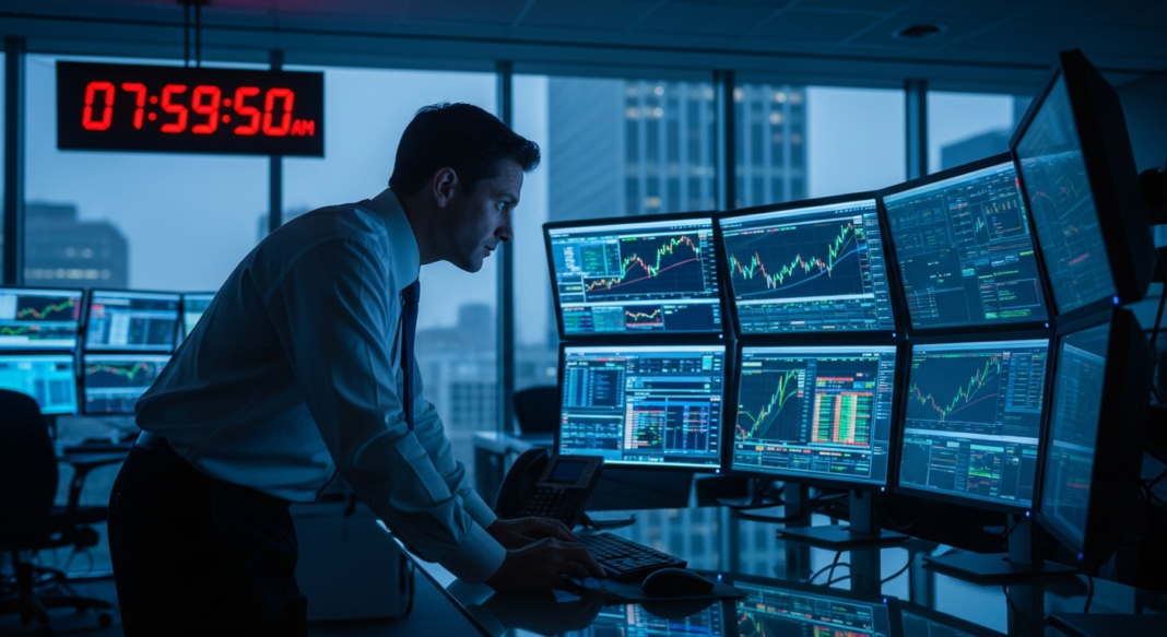 Financial analyst monitoring multiple screens with stock market charts in a dim office at 7:59 AM.