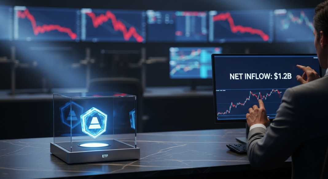 Financial analyst in a high-tech trading room monitoring a billion-dollar ETF net inflow on a digital screen.