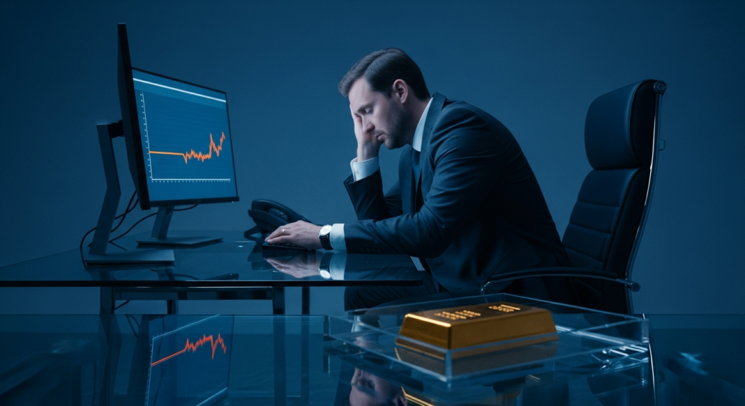 file-30.png-30 Stressed businessman in a suit at a desk with a stock market chart and a gold bar in the foreground.