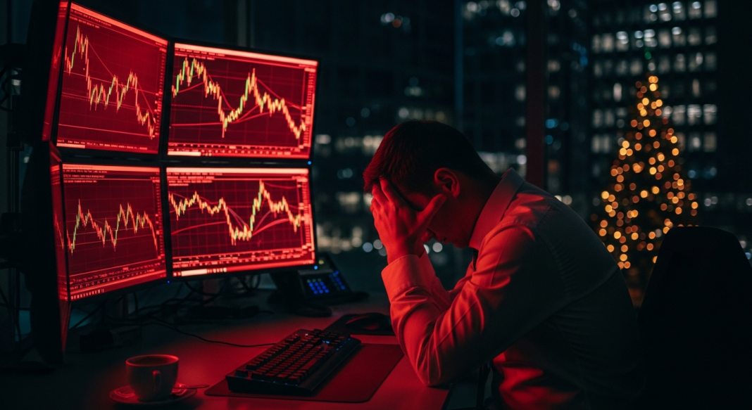 file-31.png-31 A man in an office at night holds his head in his hands in front of four monitors showing falling stock market charts.