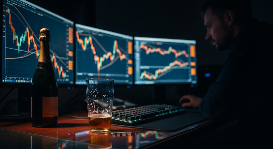 file-33.png-33 A person monitors financial candlestick charts on three screens in a dark room next to a bottle and a glass of beer.