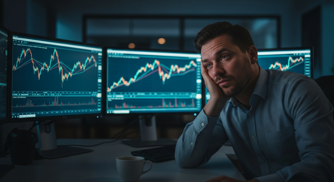 A tired man rests his head on his hand while monitoring complex financial stock market charts on multiple screens at night.
