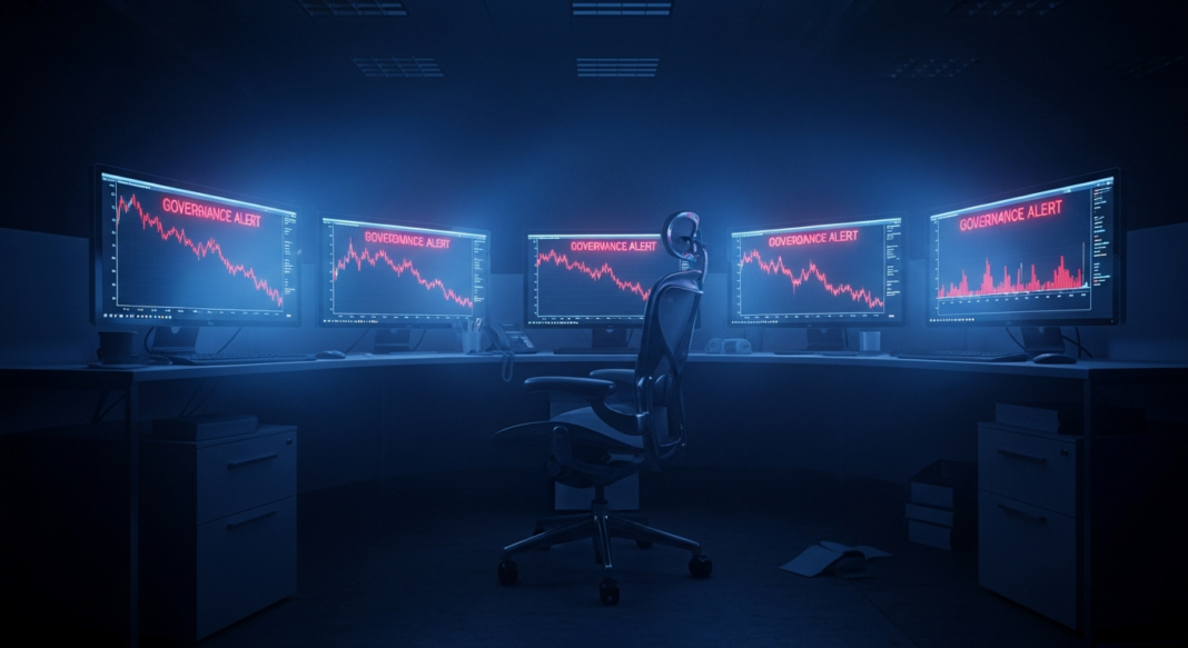 Empty desk chair facing computer monitors displaying red 