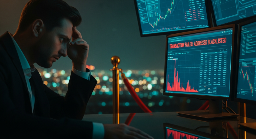 file-37.png-37 Stressed businessman in a suit looks at financial monitors showing a failed transaction error in a dark office.