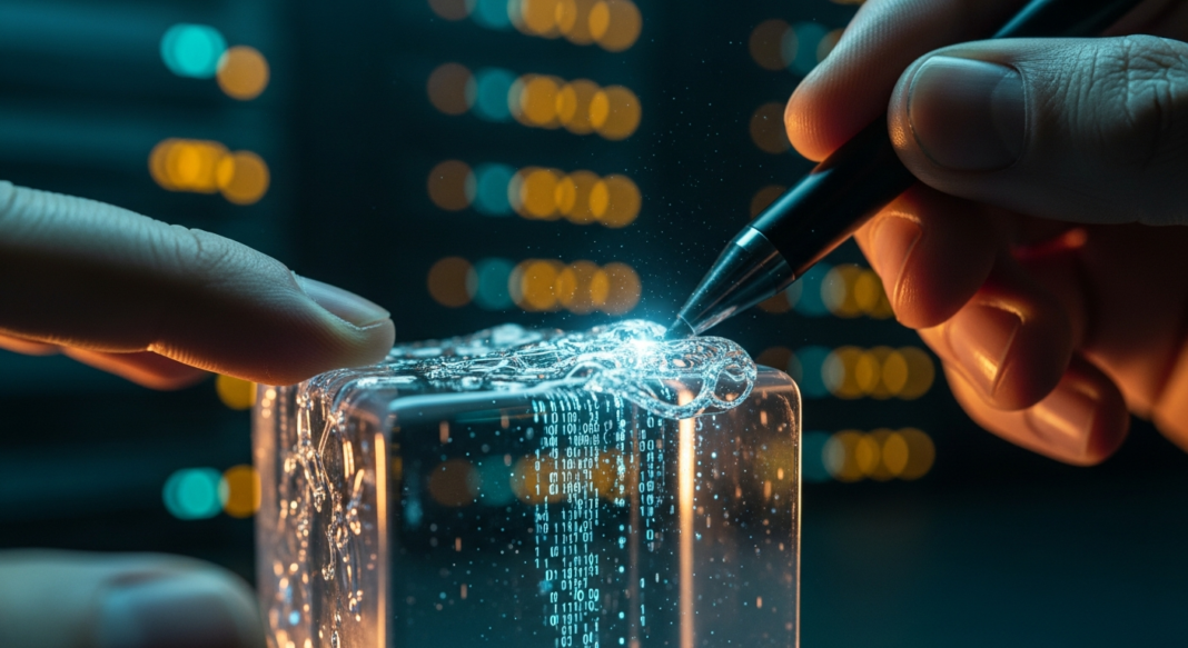Person using a stylus to interact with a glowing, translucent cube filled with binary code and digital light.