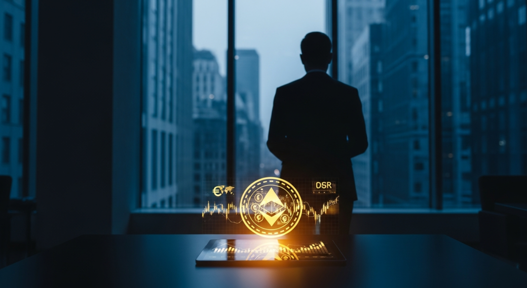 file-39.png-39 Silhouette of a businessman viewing a glowing Ethereum hologram projected from a tablet in a city office.