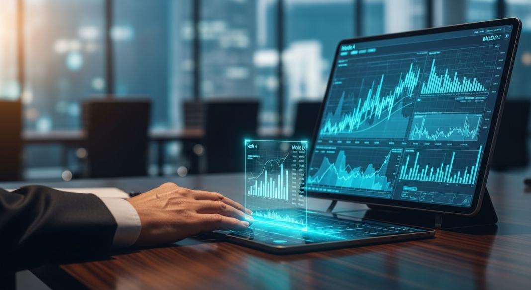 Close-up of a hand in a suit interacting with a dual-screen laptop displaying glowing teal data analytics and holograms.