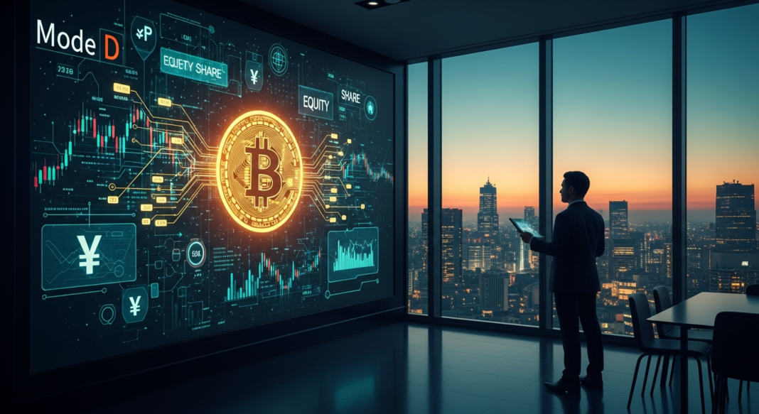 file-40.png-40 Businessman in a high-rise office viewing a large screen displaying a glowing Bitcoin symbol and financial data.