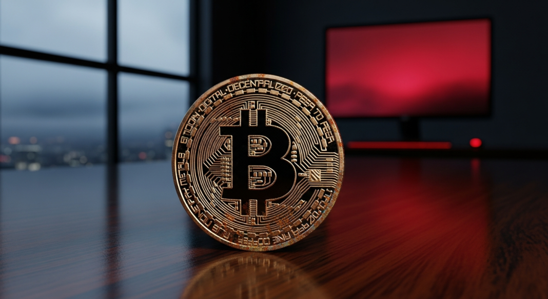 A physical Bitcoin coin stands upright on a dark wooden desk with a red-glowing monitor in the background.