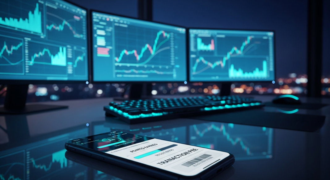 file-43.png-43 Multi-monitor workstation displaying financial stock charts with a smartphone showing transaction data in the foreground.