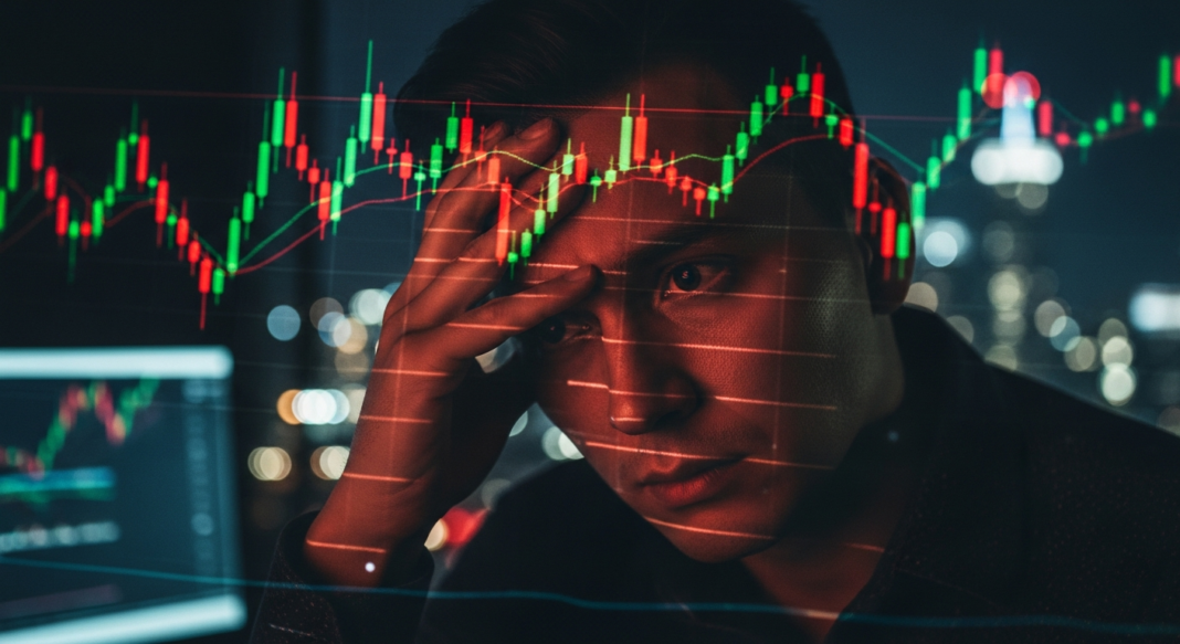A stressed man with his hand on his forehead, superimposed with a fluctuating green and red stock market candlestick chart.