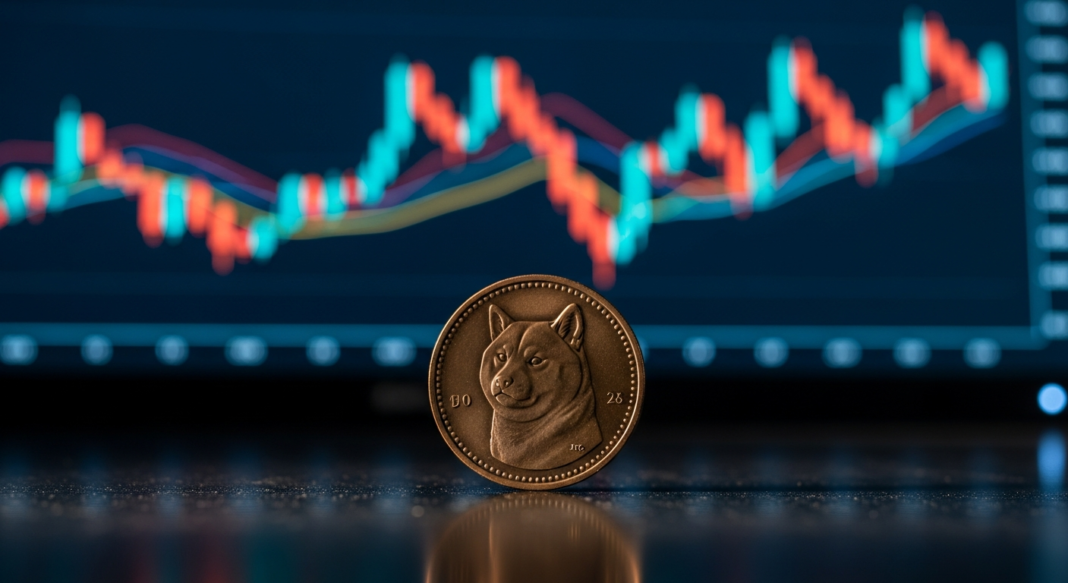 A physical Dogecoin coin stands in front of a blurred digital cryptocurrency market candlestick chart.