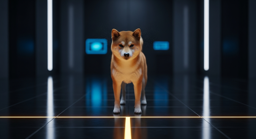 file-47.png-47 A Shiba Inu dog stands in a dark, futuristic hallway with glowing yellow floor lines and soft blue background lights.