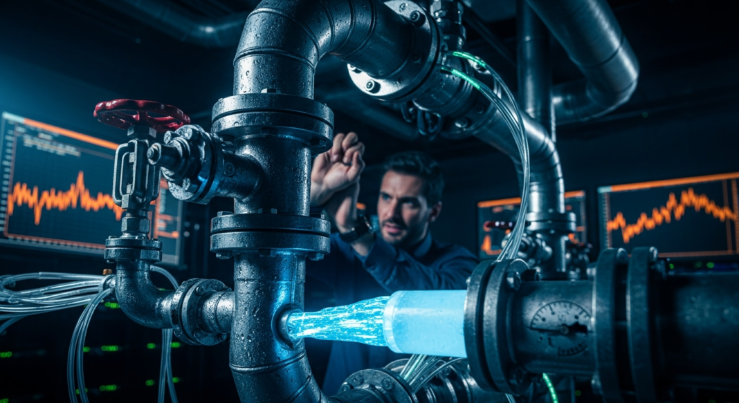 file-48.png-48 Engineer working on industrial piping with glowing blue energy flow and data monitors in a dark lab setting.