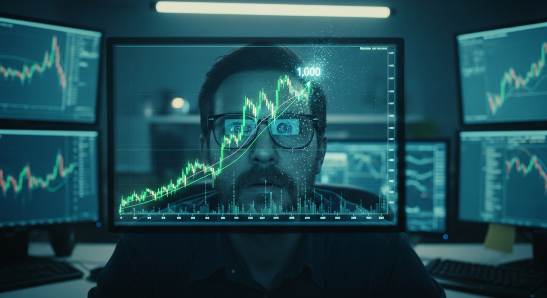 A focused man with glasses watches a glowing green stock market chart trending upwards on a computer screen.
