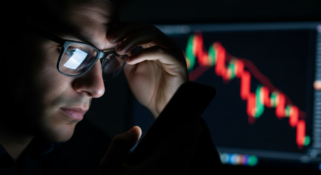 file-5.png-5 Man wearing glasses looking stressed in front of a declining stock market chart on a computer screen.