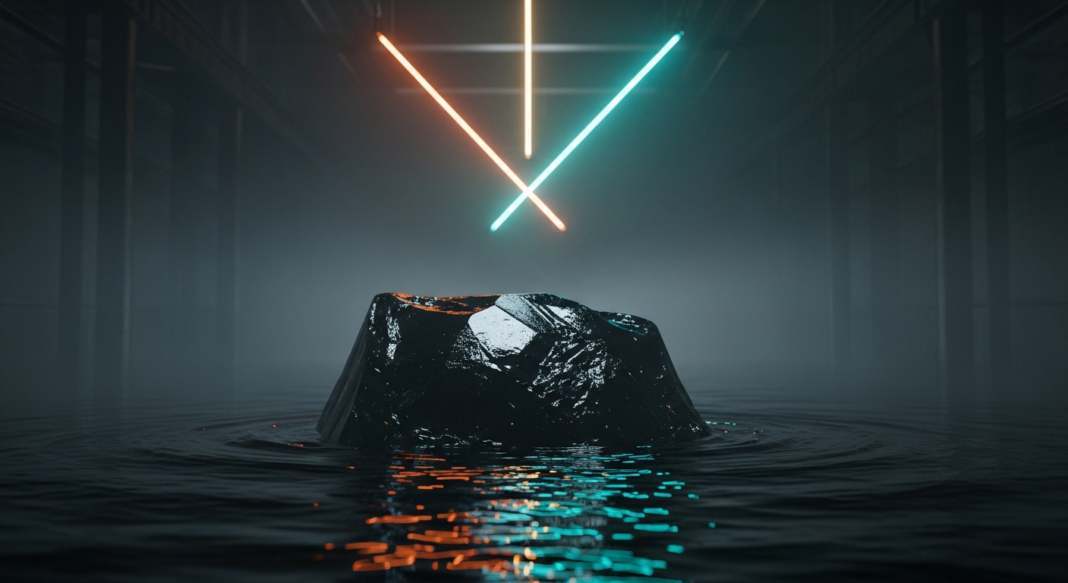 file-50.png-50 A dark, jagged rock sits in water beneath crossing orange and teal neon lights in a foggy, industrial space.