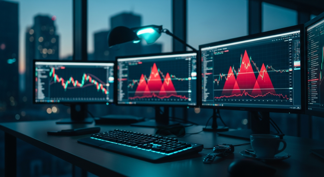 file-51.png-51 Multiple computer monitors displaying financial stock charts on a dark desk in a modern office at night.