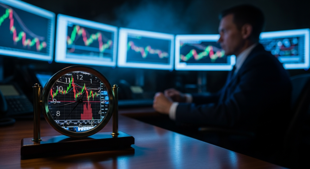 Desk clock with a stock chart face in front of a blurred trader monitoring multiple screens in a dark room.