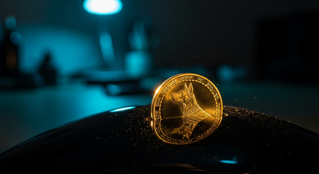 file-53.png-53 Gold dog-themed cryptocurrency coin partially inserted into a dark reflective surface with blue bokeh background.