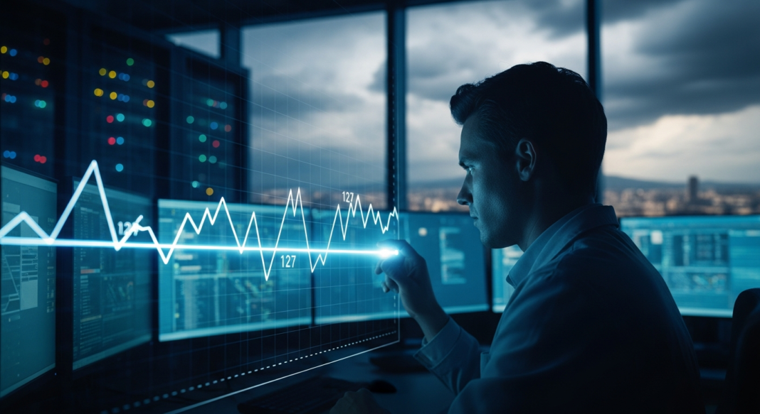 A man in a darkened tech room interacts with a glowing, blue holographic line graph on a transparent screen.