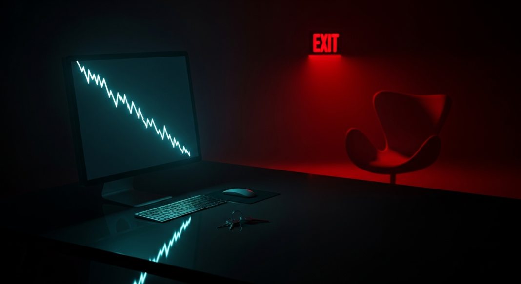 Computer monitor with a downward line graph on a desk in a dark room with a glowing red EXIT sign.