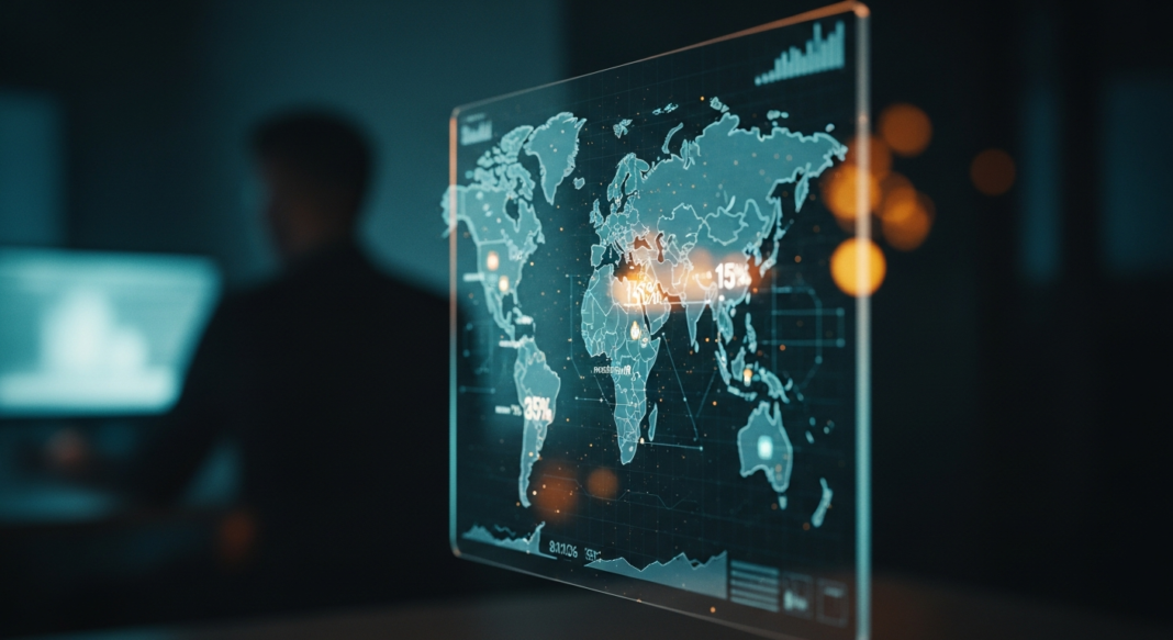 Digital world map with data metrics displayed on a transparent screen in a dark office.