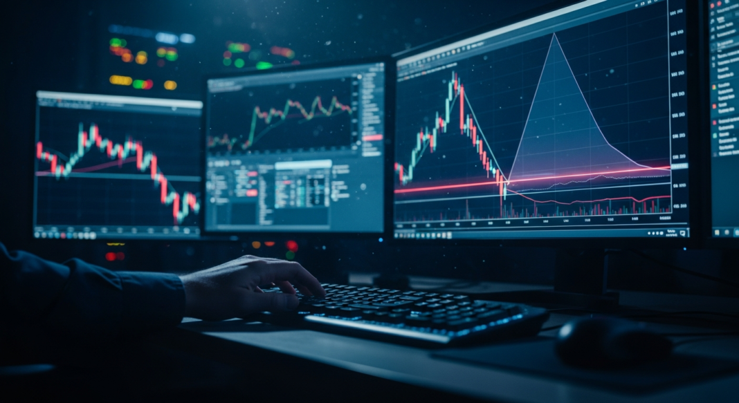 file-57.png-57 Hand on a keyboard in front of multiple monitors displaying colorful financial stock market charts and graphs.