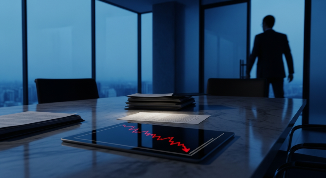 A tablet on a boardroom table displays a declining red stock graph while a businessman stands silhouetted by a window.