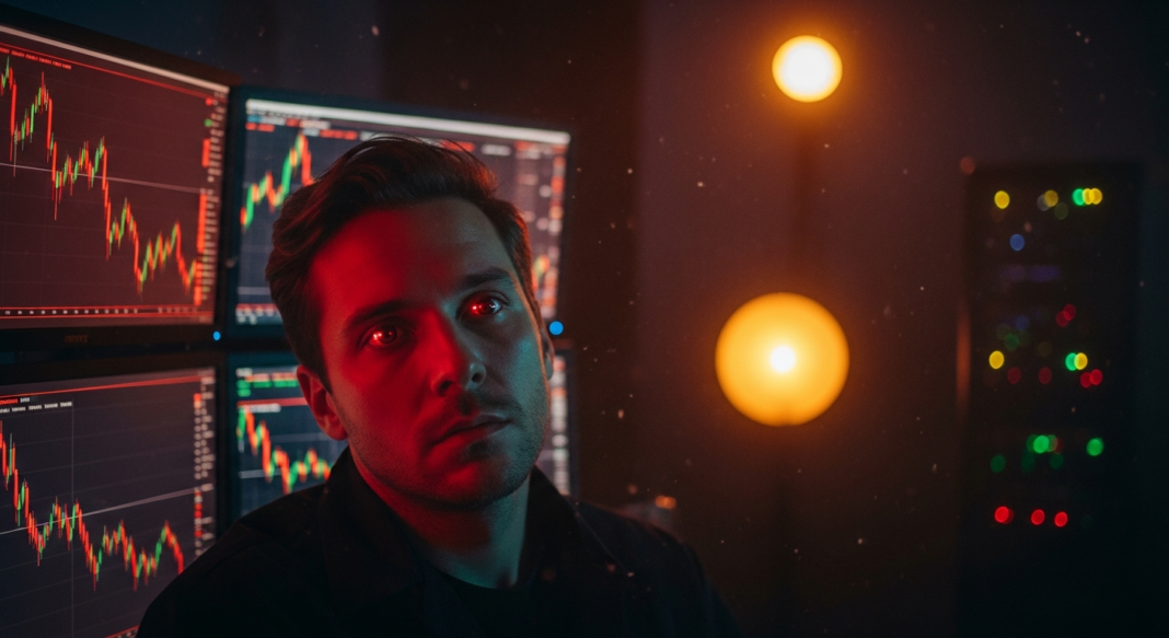 A serious man sits in front of multiple monitors displaying stock market data in a dimly lit server room.