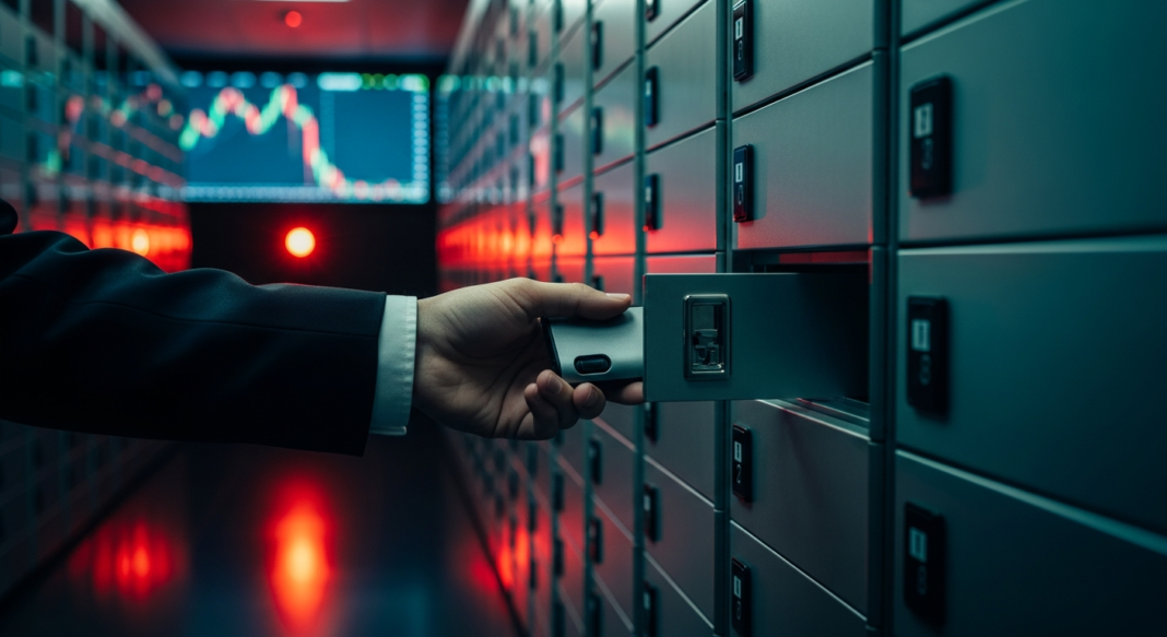 A hand in a suit jacket inserts a small device into a safety deposit box with a falling market graph in the background.