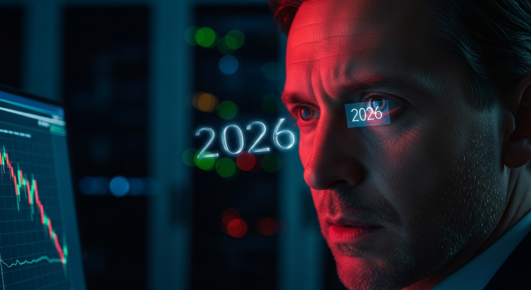 A man intensely watches a declining stock market chart with 