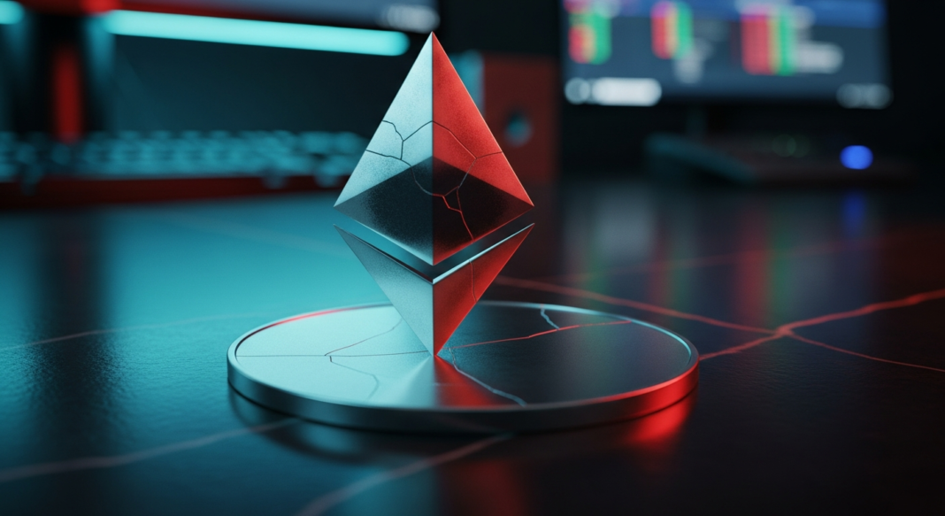 A cracked Ethereum crystal logo stands on a pedestal, illuminated by dramatic red and blue lighting.