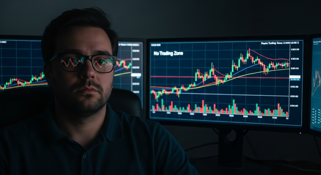 A man with glasses sitting in front of multiple monitors displaying colorful financial stock market charts.