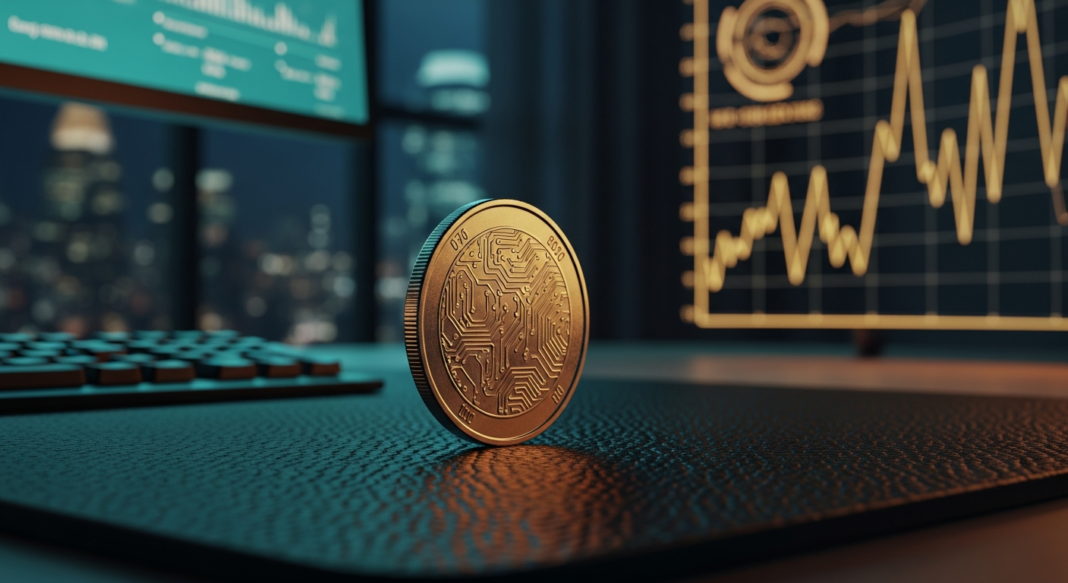 Gold coin with circuit board design on a desk with glowing financial charts and a blurred night city background.