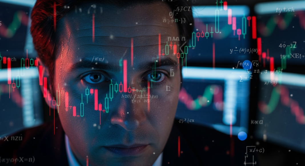 Close-up of a focused man analyzing financial stock charts and mathematical equations overlaid on his face.