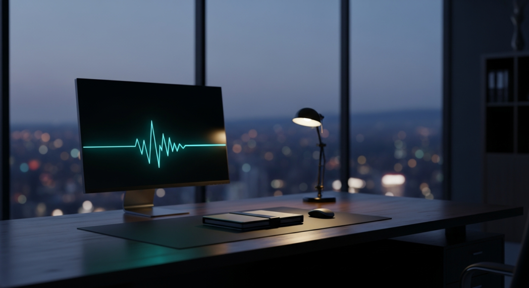 file-69.png-69 Computer monitor with a teal heartbeat line on a wooden desk in a high-rise office at night.