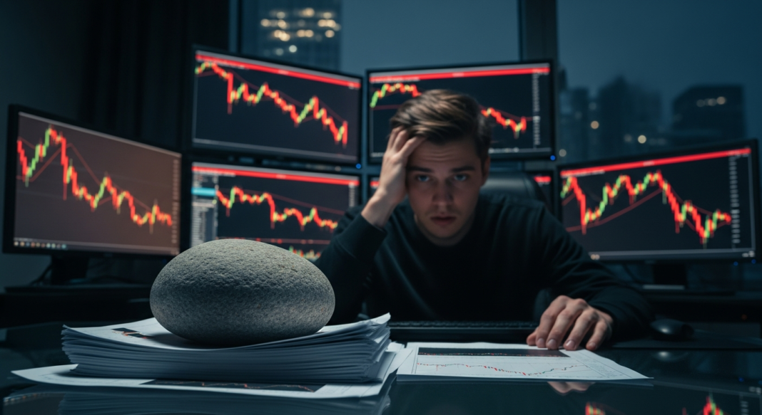 Stressed trader at a desk with falling stock market charts on multiple screens and a heavy stone on a stack of papers.